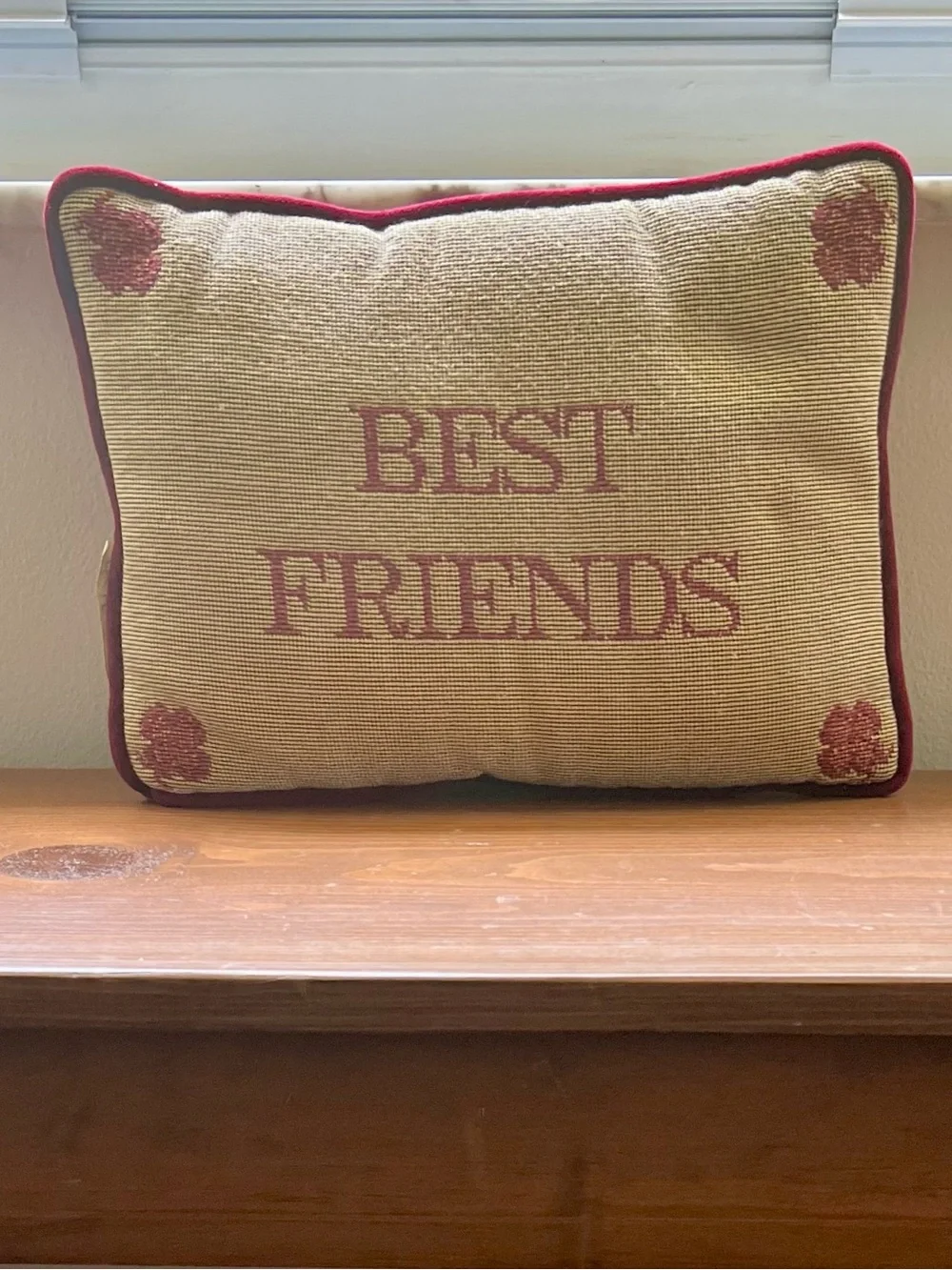 BEST FRIENDS Beige and Burgundy Needlepoint Decorative Pillow